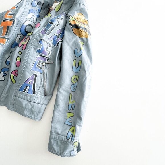 Cleo Womens Riverdale Faux Leather Jacket Full Zip All Over Print Gray Large - Picture 4 of 9